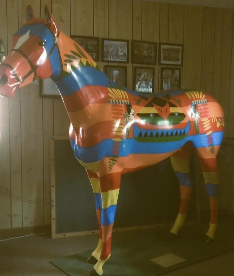 Colorful decorative horse sculpture at Caballo Loco Ranch