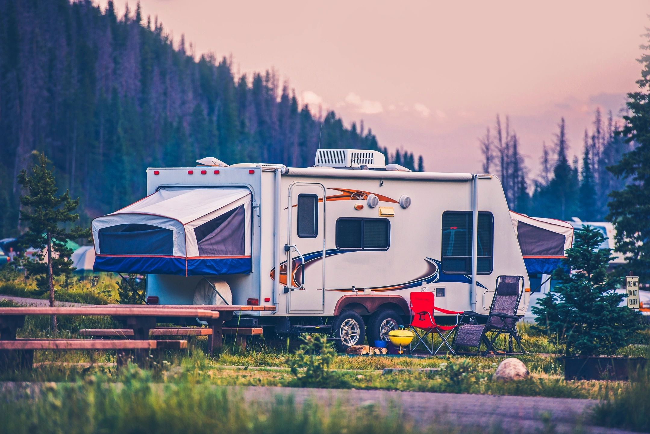 RV travel trailer at campground